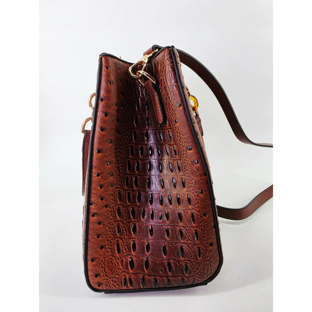 Brown‎ Croc Ostrich Embossed Satchel Handbag Crossbody Gold Chain Link Strap